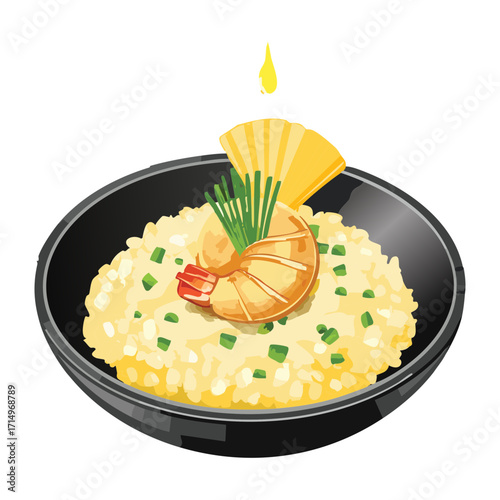  Luxurious saffron risotto featuring plump scallops and bright red shrimp, garnished with a pineapple fan in a black serving pan - Vector Illustration.

