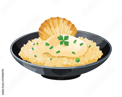 Creamy and comforting Italian seafood risotto, garnished with fresh herbs and a perfectly seared single scallop in a sleek, dark black bowl - Vector Illustration.