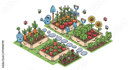 Cute Isometric Cartoon Garden with Raised Beds Growing Various Vegetables and Plants.