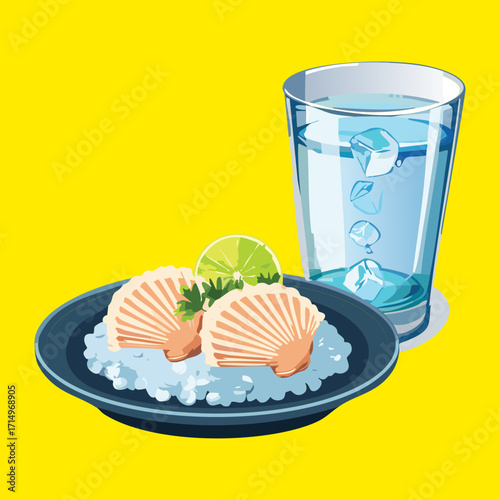 Tasty plate of fresh scallops and clams on ice next to a glass of refreshing cold water and lime - Vector Illustration