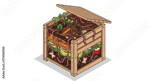 A wooden compost bin illustration showing a cross-section of layered organic waste food scraps and earthworms.