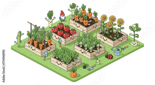 Colorful Raised Garden Beds with Various Vegetables and Flowers.