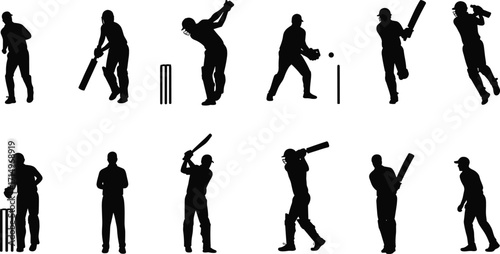 Cricket, silhouette, player, action, sport, batting, bowling, fielding, wicket, motion, pose, black, dynamic, athlete, illustration