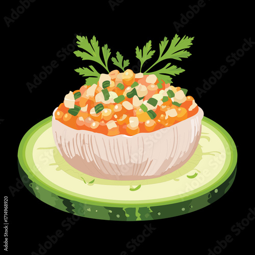 Small delicious portion of savory rice and vegetable pilaf garnished with fresh parsley on a green plate - Vector Illustration