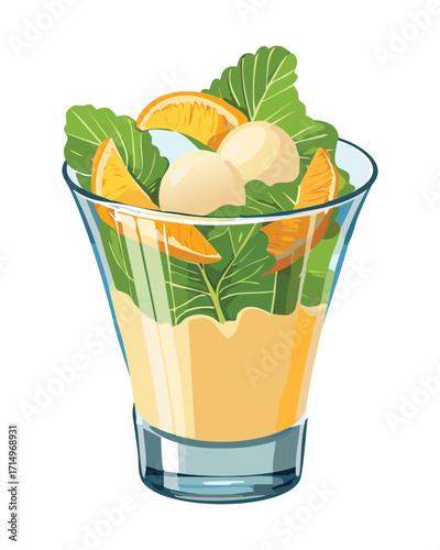 Fresh and light salad in a glass cup with mixed greens, orange segments, and creamy white dressing - Vector Illustration