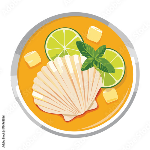 Top-down view of a scallop swimming in a flavorful orange broth, garnished with lime and fresh mint leaves - Vector Illustration	