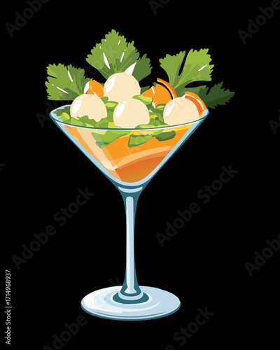 Creative seafood cocktail presentation in a martini glass with scallops, colorful vegetables, and parsley garnish - Vector Illustration	
