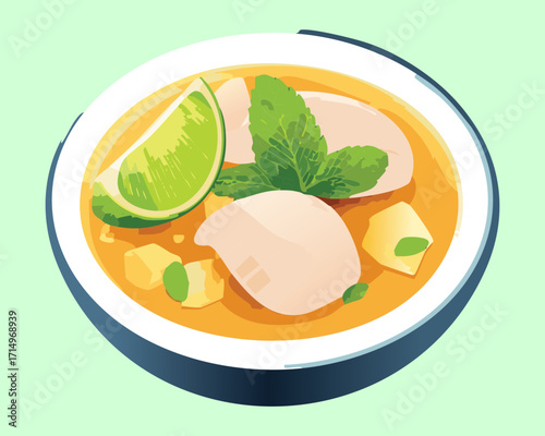 Asian-inspired scallop soup or curry in an orange broth, garnished with fresh lime, mint, and cilantro leaves - Vector Illustration	