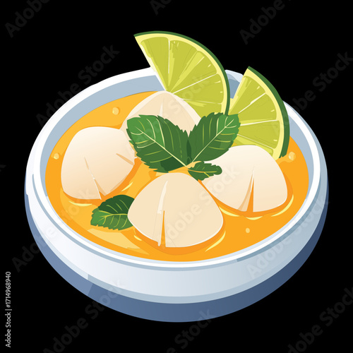 Gourmet seafood appetizer featuring large scallops in a savory broth with fresh lime and mint garnish - Vector Illustration	