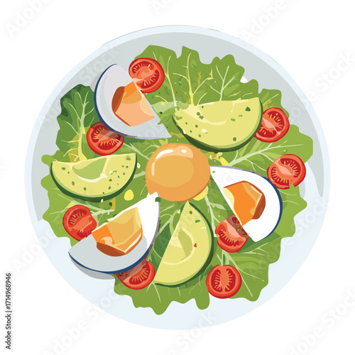 Bright and healthy salad with sliced avocado, egg, tomatoes, lettuce, and a creamy dressing in a white bowl - Vector Illustration	