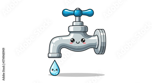 Cute Cartoon Faucet with a Water Drop and Smiling Face.