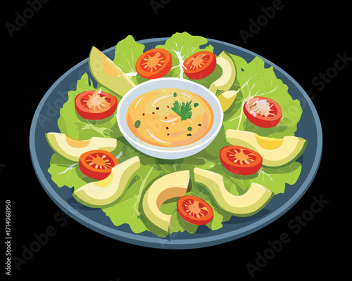 Delicious and refreshing side salad with avocado, tomato, lettuce, and a creamy orange vinaigrette dressing - Vector Illustration	