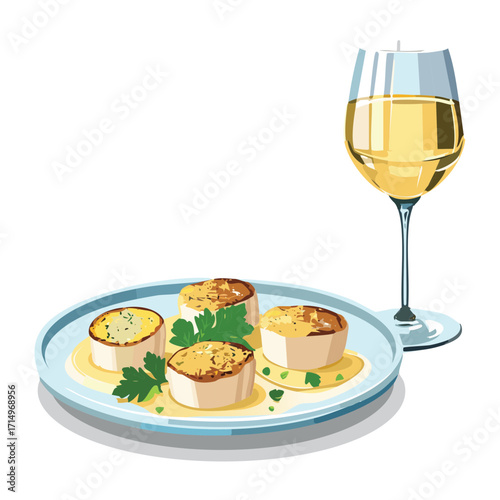 Elegant dish of seared scallops on mini potato cakes (or blini) paired with a glass of crisp white wine - Vector Illustration	