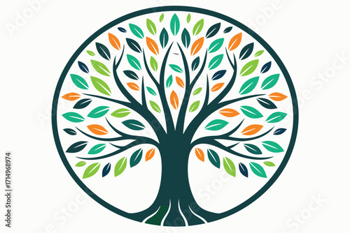 Circular Tree of Life Symbol with Green and Orange Leaves Keywords: tree of life, circle, symbol, nature