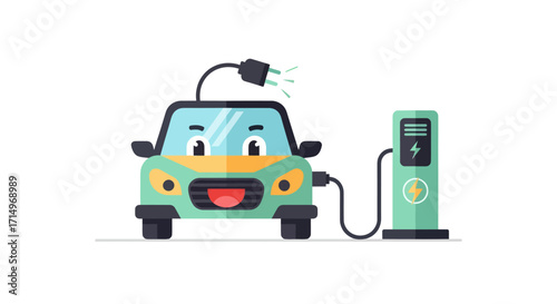 Cute Cartoon Electric Car Charging at Station.