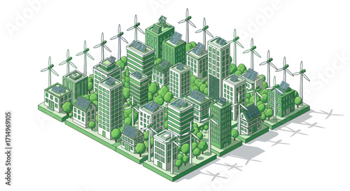 Eco-Friendly Cityscape with Wind Turbines and Green Spaces.