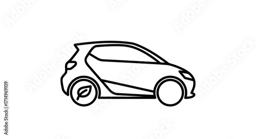 Simple line art icon of a compact eco-friendly car with a leaf symbol on the wheel.