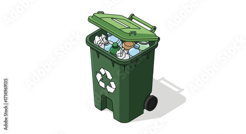 Green Recycling Bin Filled with Recyclable Materials and Open Lid.