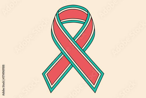 Red and teal ribbon loop with outline on a cream background awareness symbol