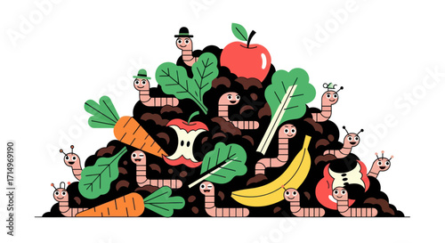 A pile of compost teeming with cartoon earthworms and organic food scraps.