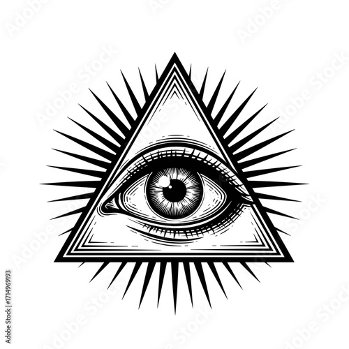 High Contrast Black and White Vector Illustration of Eye in Triangle with Radiating Rays, Hand Drawn Engraving Sketch Style