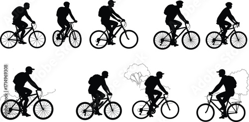 Cyclist, silhouette, bicycle, motion, outdoor, backpack, cap, sport, exercise, travel, tree, black, profile, landscape, illustration