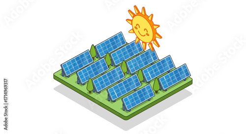 Cute cartoon illustration of a solar farm with blue photovoltaic panels and a smiling sun representing renewable energy.