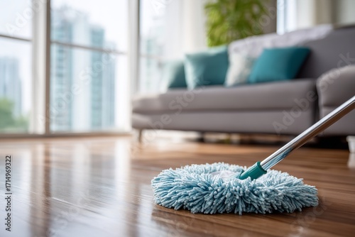 Shiny wooden floor being cleaned with blue microfiber duster in modern bright living room interior with sofa and large windows reflecting sunlight