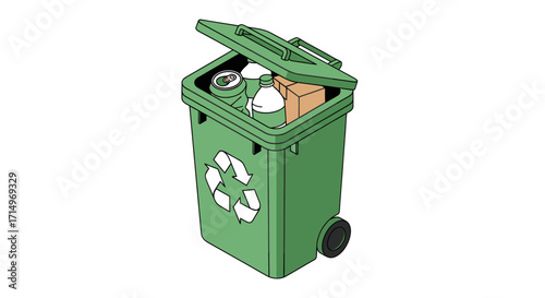 Green Recycle Bin with Open Lid and Recycling Symbol Filled with Recyclable Waste.