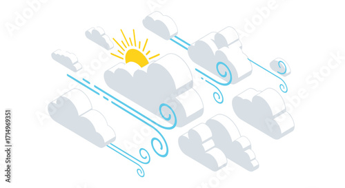 Isometric Illustration of Windy Weather with Sun and Clouds.