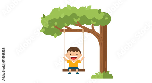 Cartoon Boy Swinging on a Tree Branch.