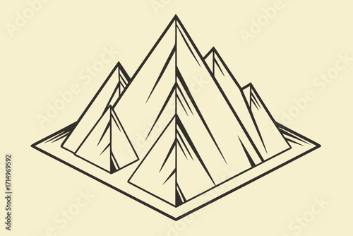 Stylized Geometric Mountain Peaks Outline Illustration on Cream Background range