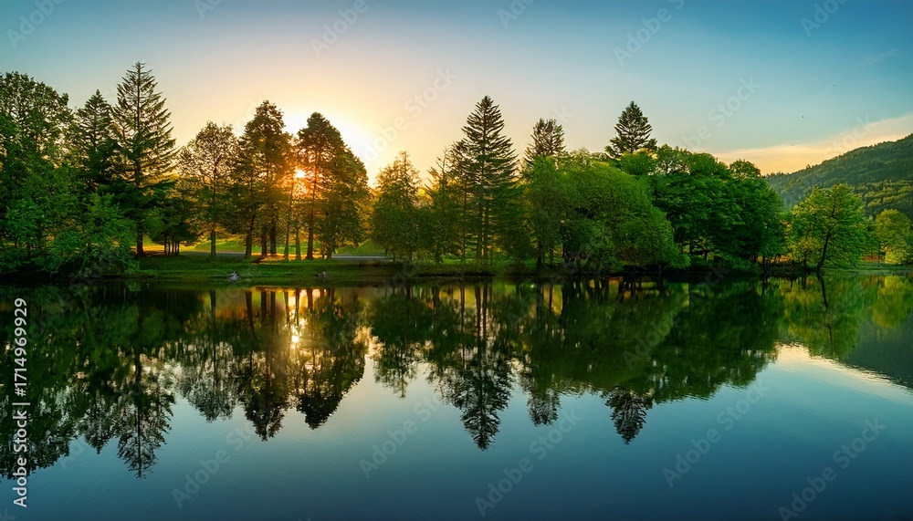 Fototapeta premium Green Trees Reflected In Calm Water While Lit From Behind During Sunset