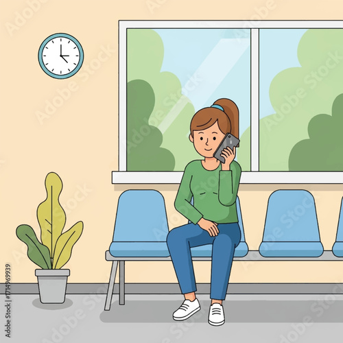 Woman talking on phone in a doctor's waiting room.