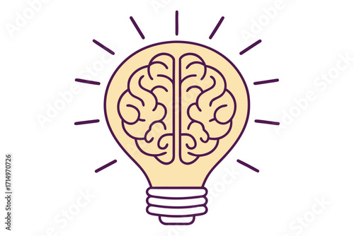 Light Bulb with Brain Inside Outline and Rays of Light idea concept