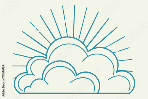 Stylized Sunburst Behind Blue Outline Cloud on Cream Background sunrise sunset