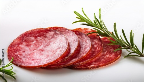 French Salami Slices With Rosemary On A White Backdrop Ample Copy Space Image Included