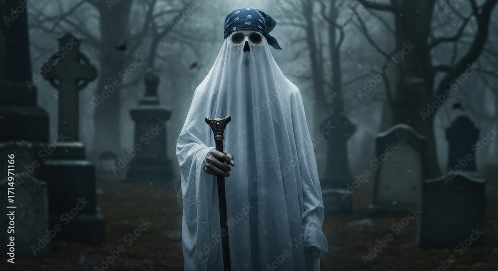 Naklejka premium Ghost costume party for Halloween featuring spooky white ghost costume wandering around in cemetery. Ghost costume party for creative minds, includes an ethereal white phantom,