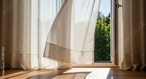 Open window with blowing curtains lets fresh air inside on bright day. Open window to nature is about feeling optimistic at home. Fresh air flowing through open window, evokes calmness, peace,