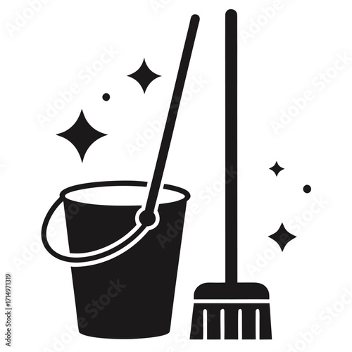Black silhouette of a bucket and broom with sparkling clean effect cleaning hygiene