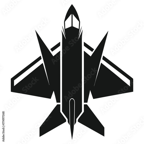 Black silhouette of a modern fighter jet from a top-down view airplane aircraft