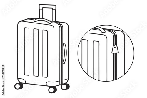 Outline drawing of a rolling suitcase with a close-up of its zipper luggage travel