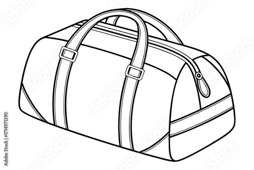 Outline drawing of a duffel bag with two handles and a zipper closure Keywords: duffel bag, gym bag, sports