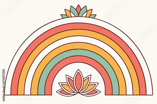 Retro rainbow with lotus flowers and pastel colors on cream background vector illustration