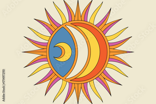 Stylized Sun and Moon Symbol with Rays on Cream Background celestial
