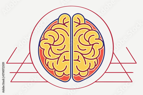 Stylized Brain Illustration with Geometric Red Lines and Circle abstract cerebral
