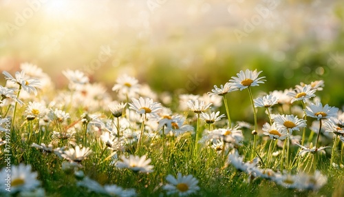 Wildflower Meadow In Sunlight Fresh Spring Nature Scene Daisy Bloom And Bokeh