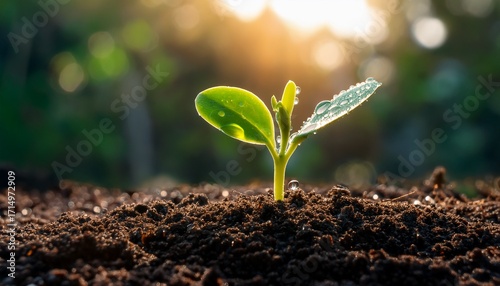 Small Seedling Emerging From Soil With Water Droplets For Growth