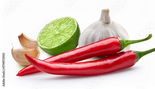 Chili Peppers With Garlic And Lime Isolated On White Background