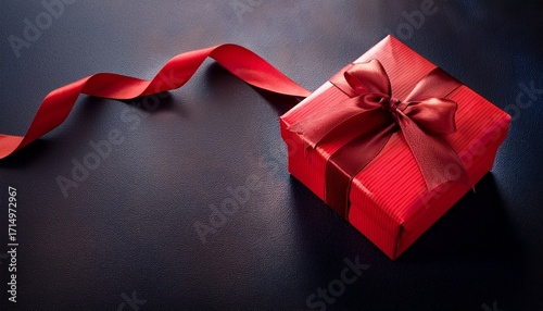 Red Gift Box With Ribbon On Dark Background For Holidays